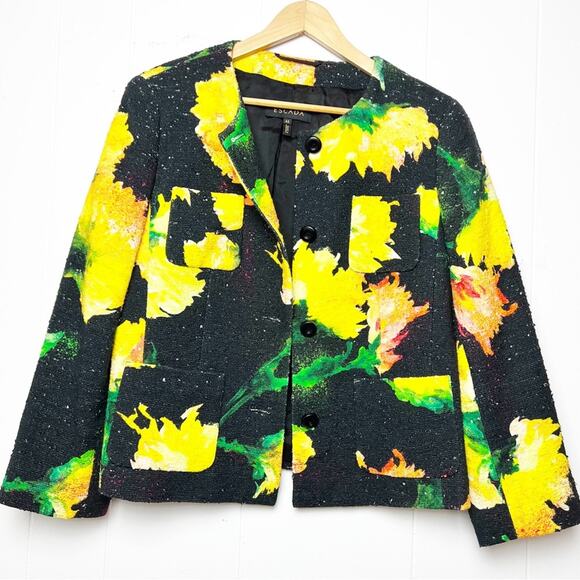 Escada Tweed Black Yellow Floral Cropped Jacket Women’s Size Large/EU40
